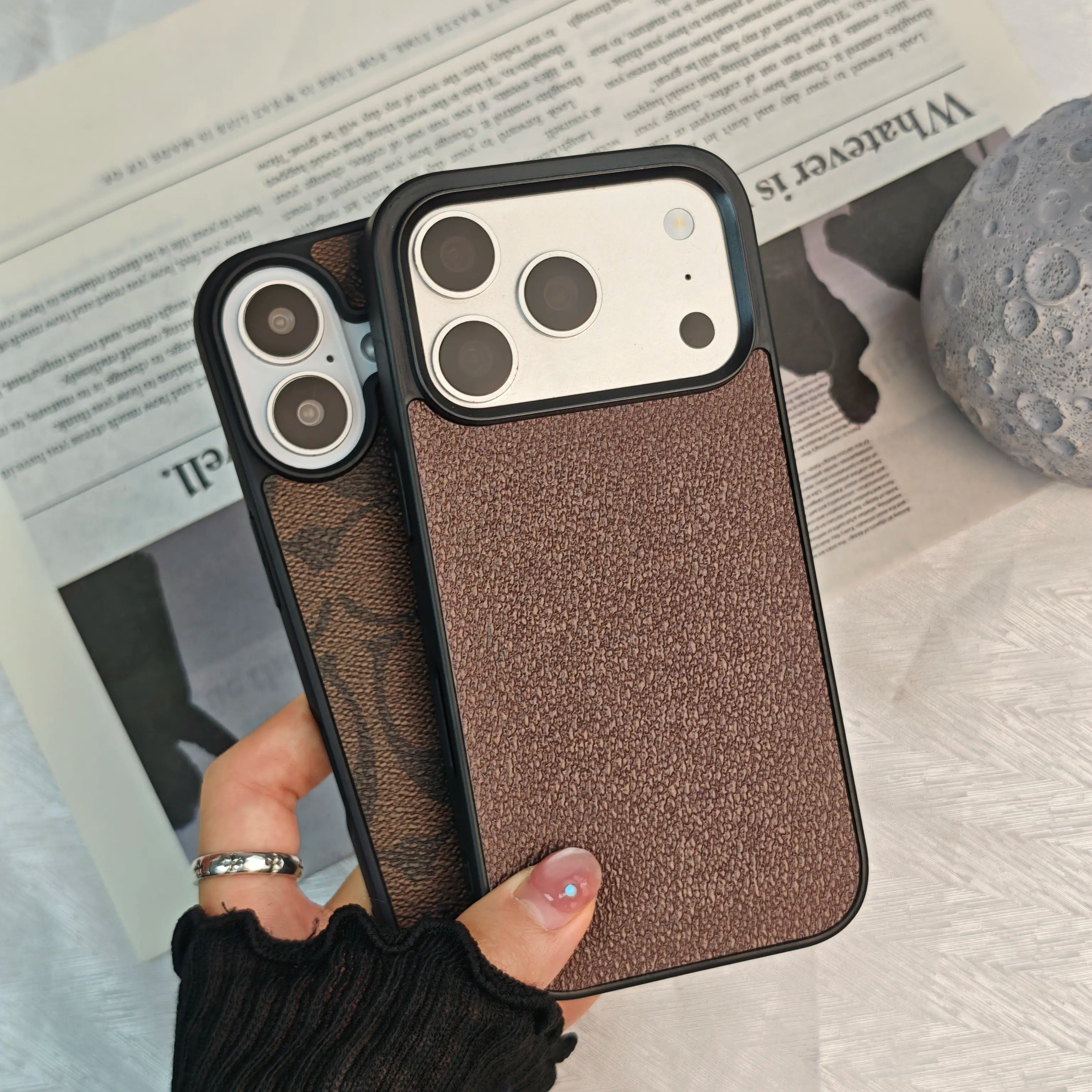 Minimalist Faux Leather iPhone Case – Textured Shockproof Protective Cover with Letter C Design