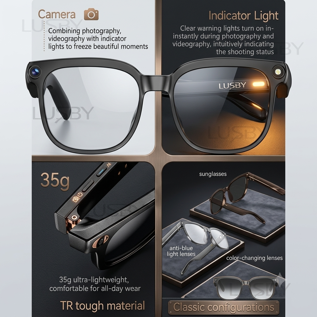 LUSBY Smart AI Camera Glasses with 8MP Camera & Photochromic Lenses – Real-Time Translation in 160+ Languages, Bluetooth Audio, Hands-Free Video Recording & UV Protection