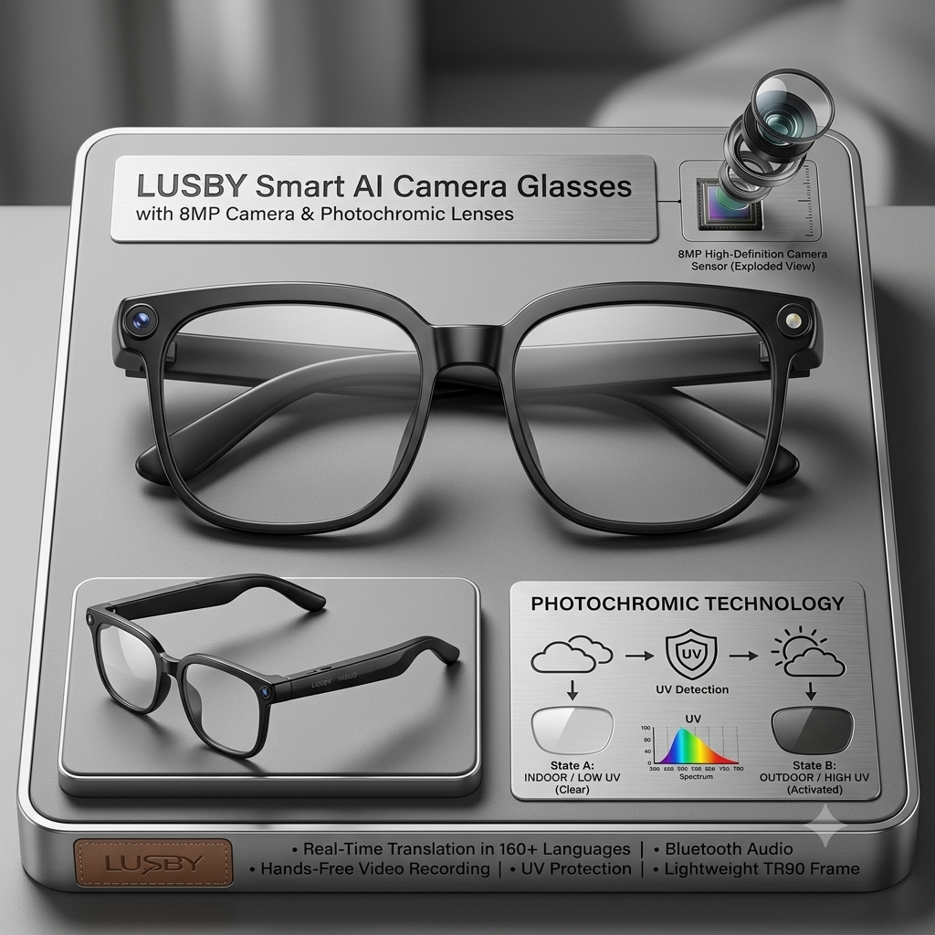 LUSBY Smart AI Camera Glasses with 8MP Camera & Photochromic Lenses – Real-Time Translation in 160+ Languages, Bluetooth Audio, Hands-Free Video Recording & UV Protection