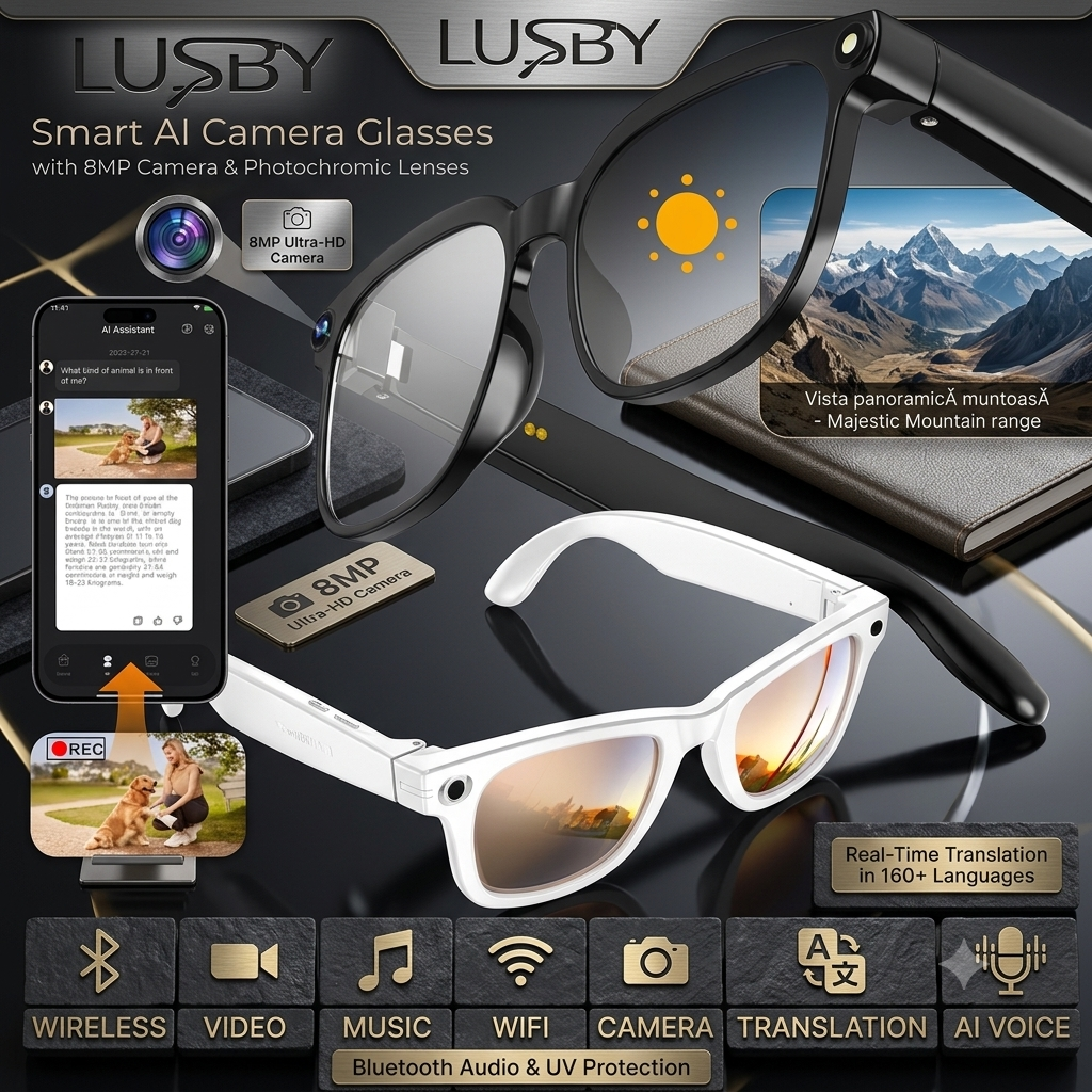 LUSBY Smart AI Camera Glasses with 8MP Camera & Photochromic Lenses – Real-Time Translation in 160+ Languages, Bluetooth Audio, Hands-Free Video Recording & UV Protection