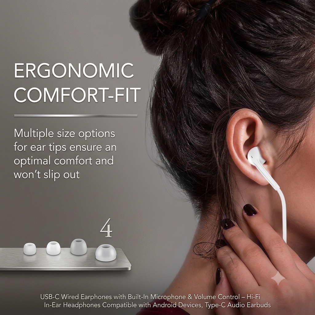 USB-C Wired Earphones with Built-In Microphone & Volume Control – Hi-Fi In-Ear Headphones Compatible with Android Devices, Type-C Audio Earbuds