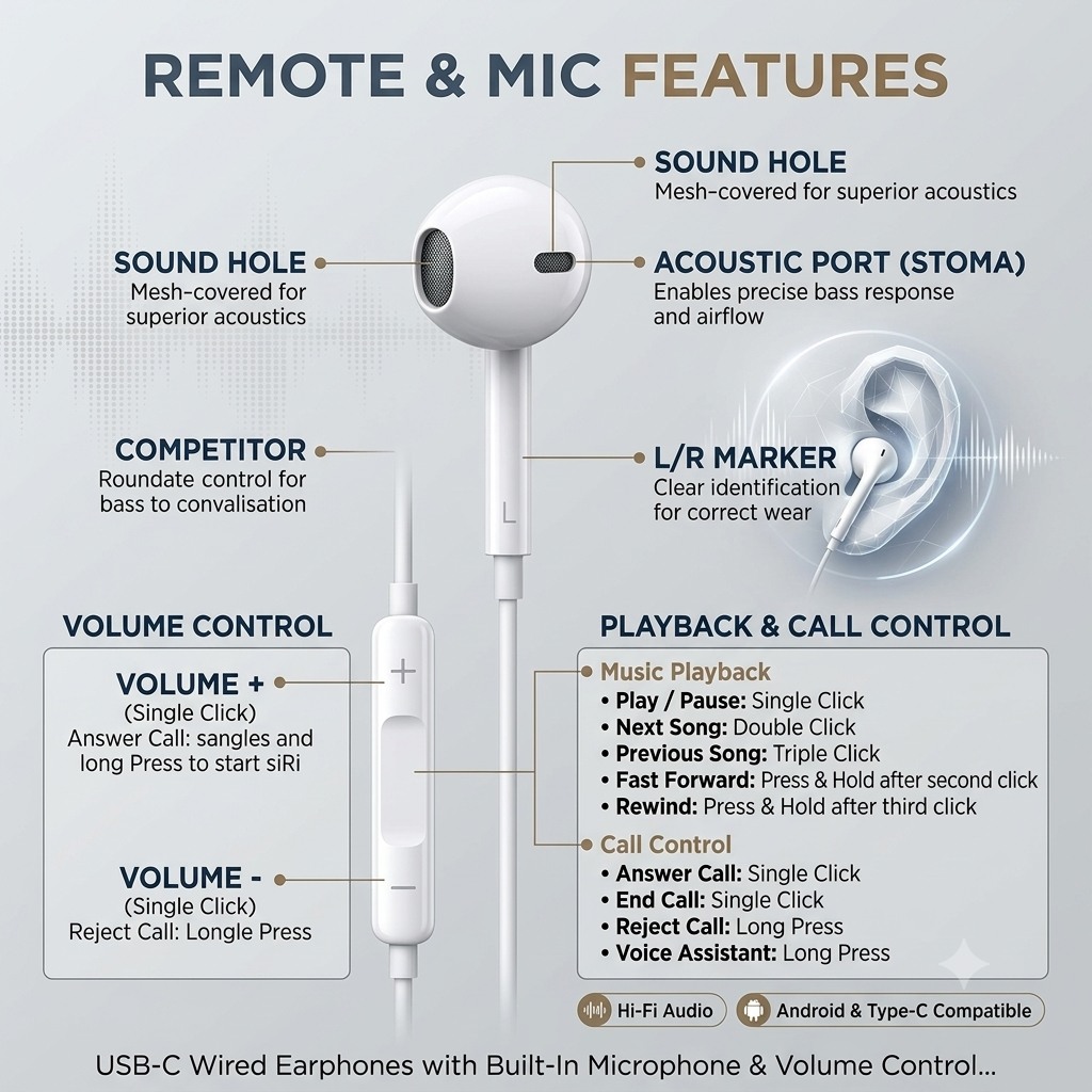 USB-C Wired Earphones with Built-In Microphone & Volume Control – Hi-Fi In-Ear Headphones Compatible with Android Devices, Type-C Audio Earbuds