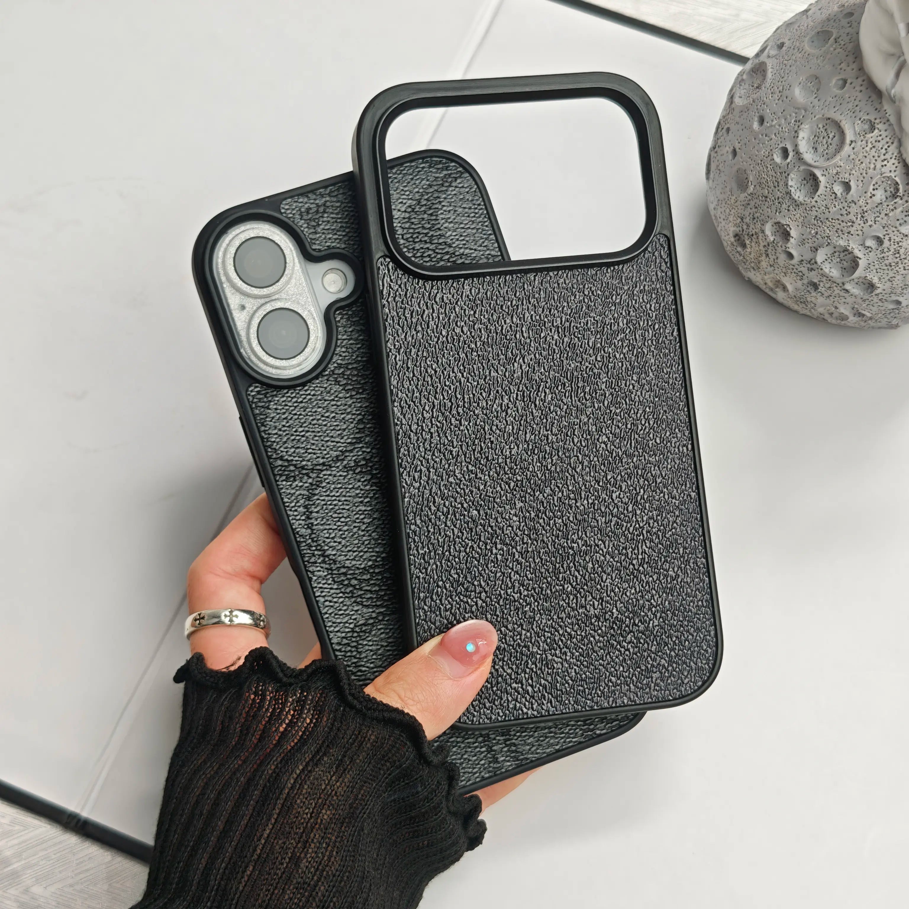 Minimalist Faux Leather iPhone Case – Textured Shockproof Protective Cover with Letter C Design